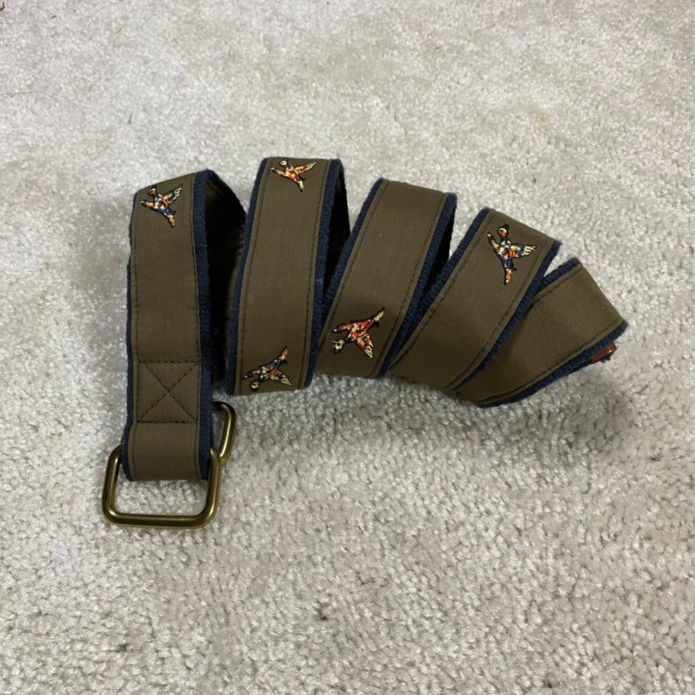 Brooks Brothers Belt Mens XL Canvas D-Ring Ribbon Olive Green Embroidered Ducks